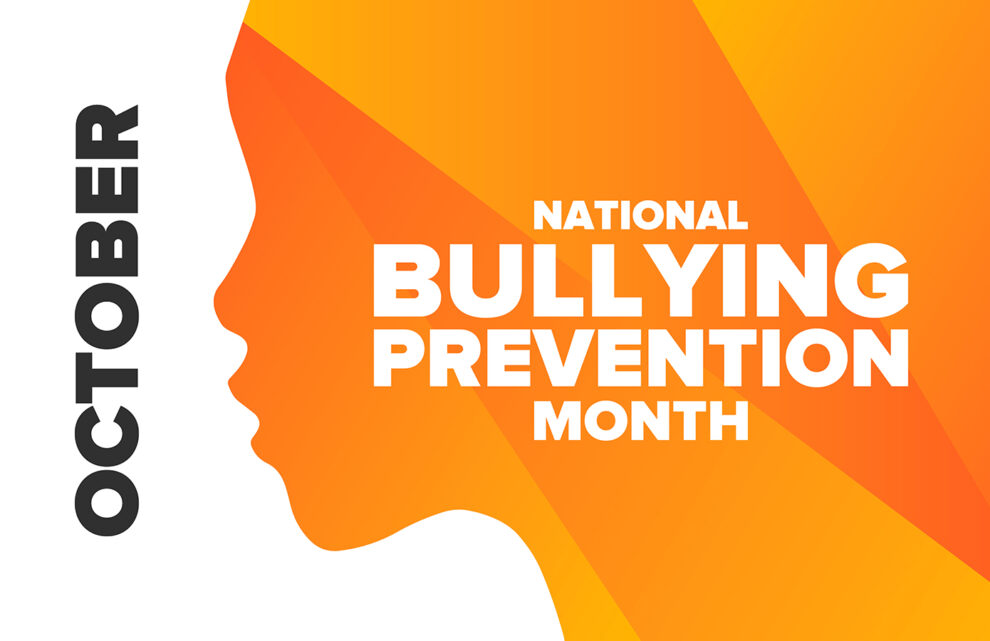 National Bullying Prevention Month in October. Stop bullying. Annual nationwide campaign to keep all youth safe from bullying. Orange color. Poster, card, banner, background. Vector illustration